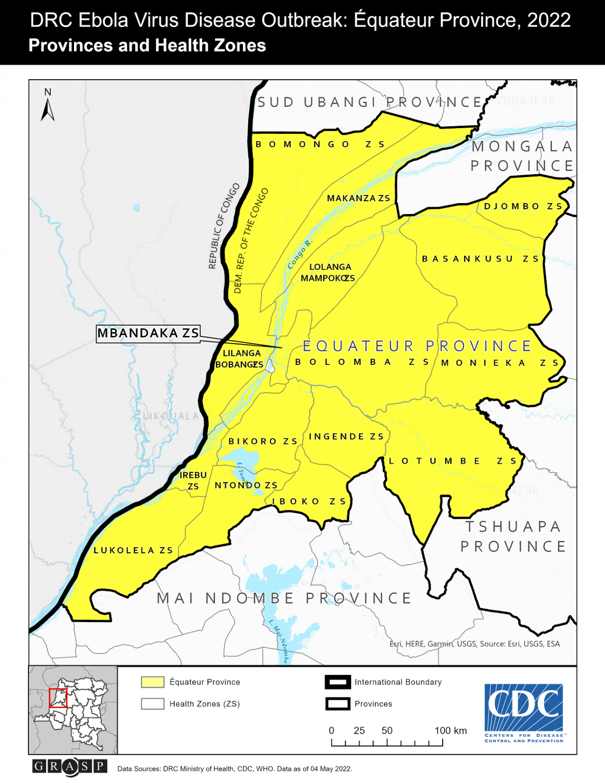 DRC Ebola Virus Disease Outbreak: Équateur Province, 2022 Provinces and Health Zones Map of DRC Ebola Virus Disease Outbreak: Équateur Province, 2022 Provinces and Health Zones