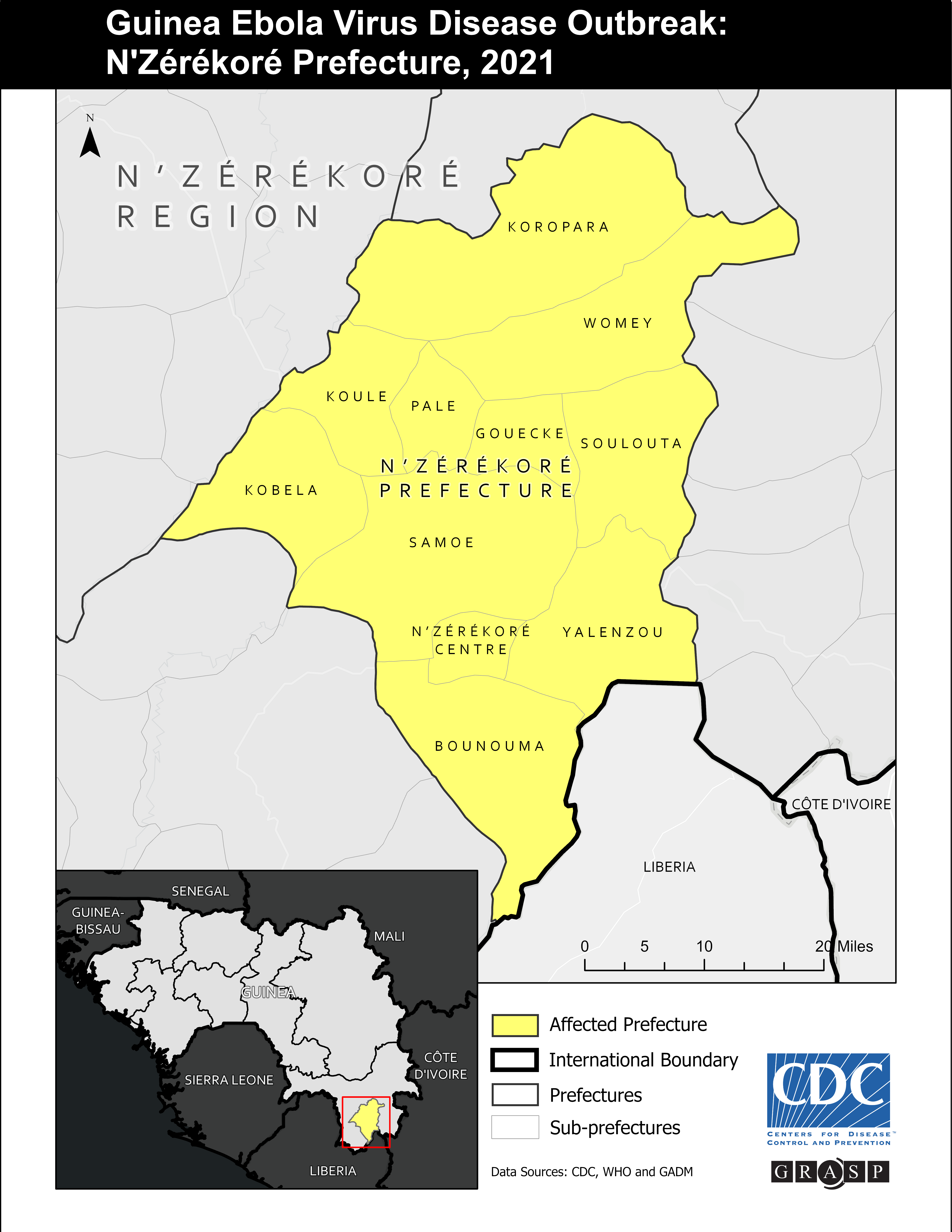 Guinea EVD Outbreak: N'Zérékoré Prefecture, 2021 Map of Guinea EVD Outbreak, N'Zérékoré Prefecture, 2021