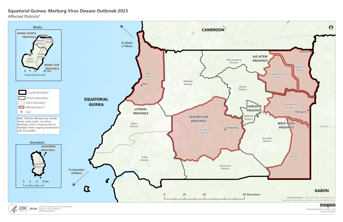 This is a map of Equatorial Guinea with 6 districts highlighted indicating outbreak areas