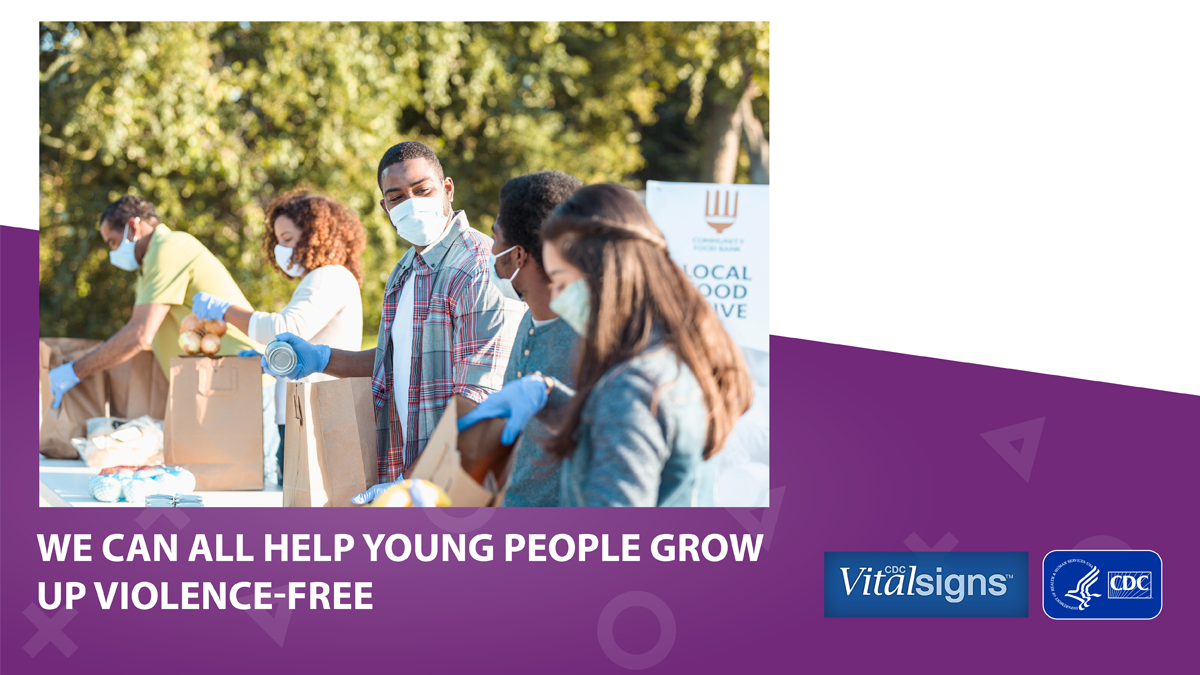 VitalSigns-teen-violence-impact_1200x675_B Image of masked teens working at a local food drive.