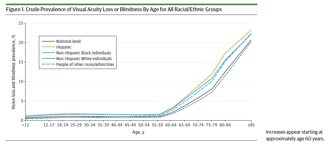 graph_disparities Figure 1 shows recent prevalence estimates for vision loss and blindness by age among all racial/ethnic groups. Results show that the prevalence of visual acuity loss or blindness increases with age (around 60 years of age) and is highest among Hispanic individuals and other minority groups compared to White individuals.