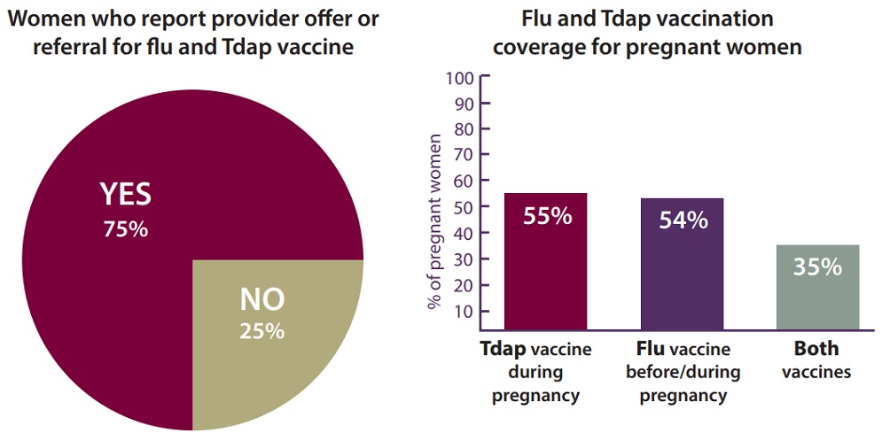 maternal-vaccine-infographic1 Vaccines often offered, but many pregnant women and babies left unprotected. Women who report provider offer or referral for flu and Tdap vaccine: Most (75 percent) women reported provider offer or referral for flu and Tdap vaccine and 25 percent reported that they had not been offered or received referral for flu and Tdap vaccine. Flu and Tdap vaccination coverage for pregnant women: Most women reported receiving Tdap during pregnancy (55 percent) or the flu vaccine before/during pregnancy (54 percent). Some (35 percent) women reported receiving both vaccines.