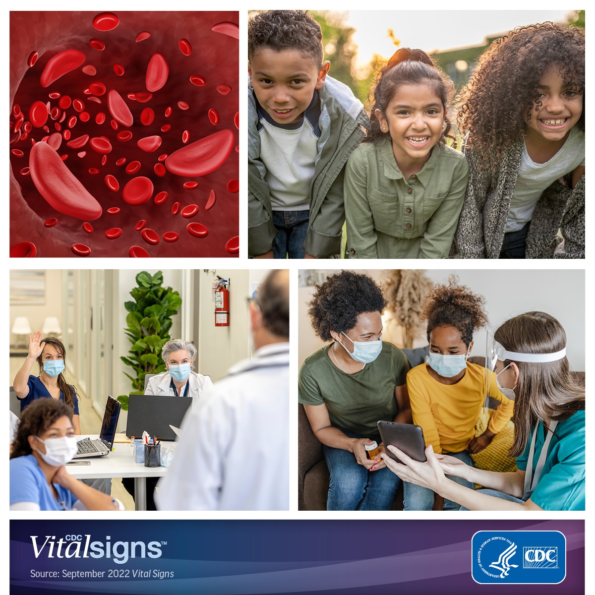 VS Collage Photo collage showing sickle shaped blood cells, children, health care providers, and a nurse talking with patients.