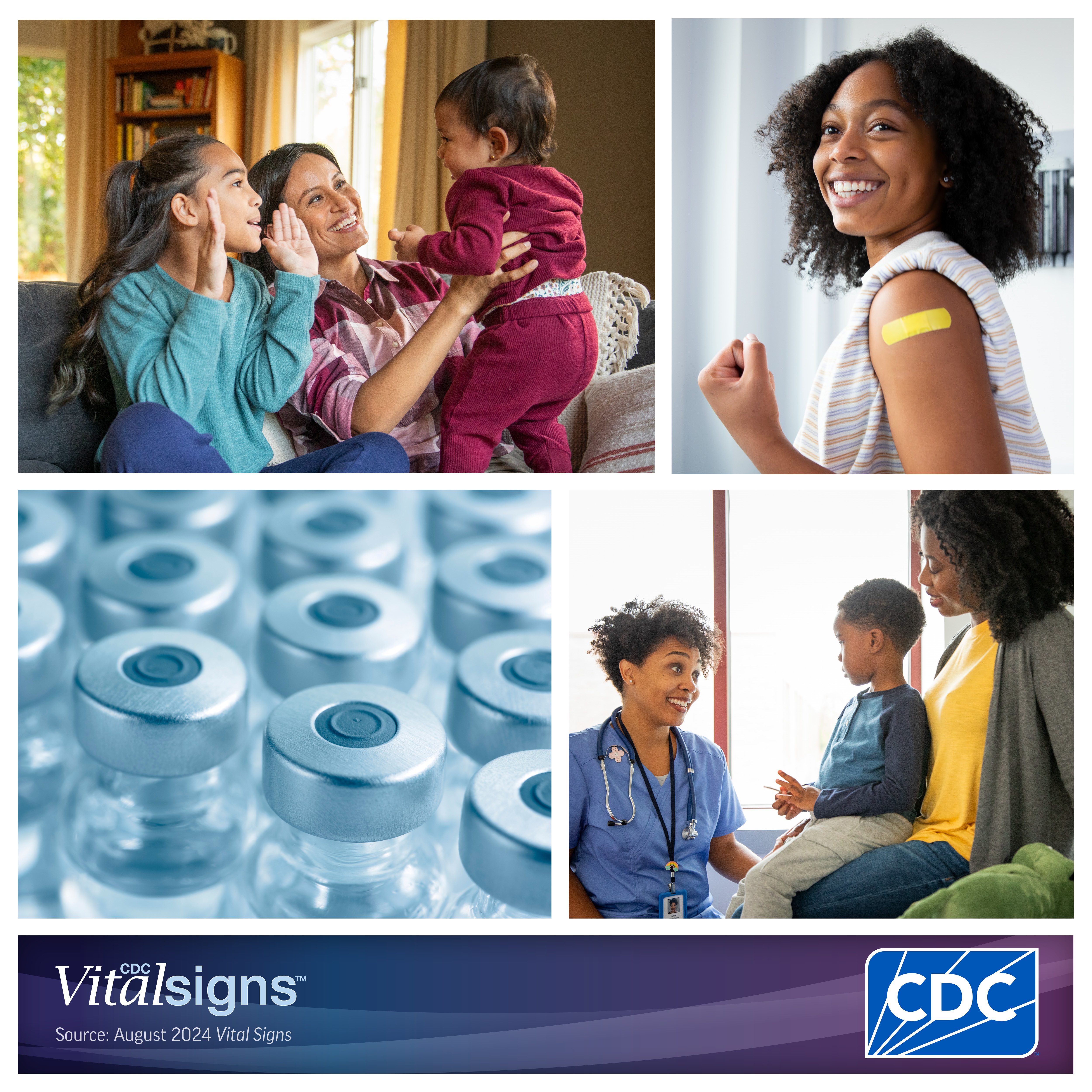 VS Collage Photo collage of a mother with her two children, a woman displaying a bandaid, vaccine vials, and a doctor talking to a mother and child.