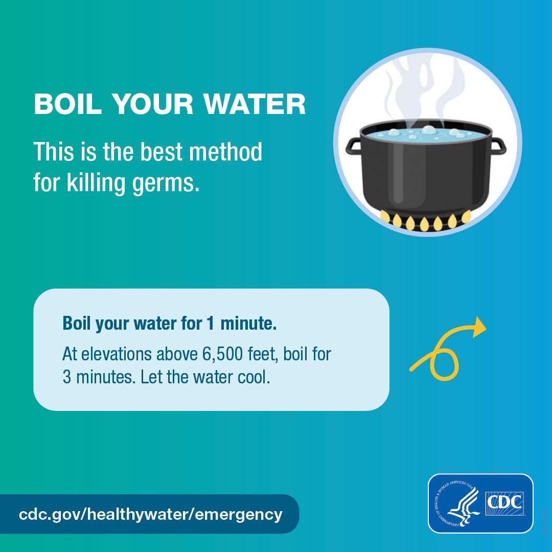 Illustrated pot of water boiling over a gas burner and a next arrow. Text on the graphic says, “Boil your water. This is the best method for killing germs. Boil you water for 1 minute. At elevations above 6,500 feet, boil for 3 minutes. Let the water cool.”