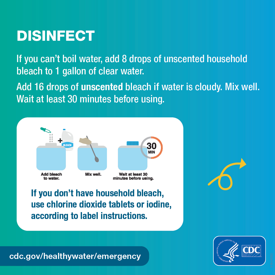 Illustrated container filled with one gallon of water with eight drops of bleach being added, with the caption, “Add bleach to water.” The container of water being mixed with a spoon, with the caption, “Mix well.” The container of water with a cap, with the caption, “Wait at least 30 minutes before using.” Text on the graphic says, “Disinfect. If you can’t boil water, add 8 drops of unscented household bleach to 1 gallon of clear water. Add 16 drops of unscented bleach if water is cloudy. Mix well. Wait at least 30 minutes before using. If you don’t have household bleach, use chlorine dioxide tablets or iodine, according to label instructions.”