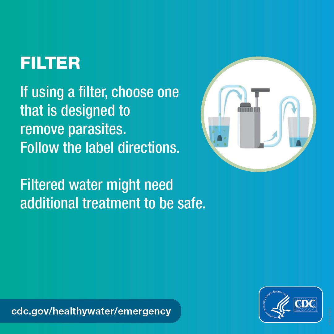 Illustrated water filter. Water with germs in it is in a glass. The germy water moves through a tube into the filter and exits the filter without any germs. The clean water exits the filter through a tube and goes into a clean glass of water. Text on the graphic says, “Filter. If using a filter, choose one that is designed to remove parasites. Follow the label directions. Filtered water might need additional treatment to be safe.”