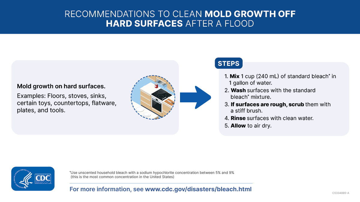 Illustration of a kitchen. Text on the graphic says, “Recommendations to clean mold growth off hard surfaces after a flood. Mold growth on hard surfaces. Examples: Floors, stoves, sinks, certain toys, countertops, flatware, plates, and tools. Steps 1) Mix 1 cup (240 mL) of standard bleach in 1 gallon of water. Use unscented household bleach with a sodium hypochlorite concentration between 5% and 9% (this is the most common concentration in the United States). 2) Wash surfaces with the standard bleach mixture. 3) If surfaces are rough, scrub them with a stiff brush. 4) Rinse surfaces with clean water. 5) Allow to air dry.”