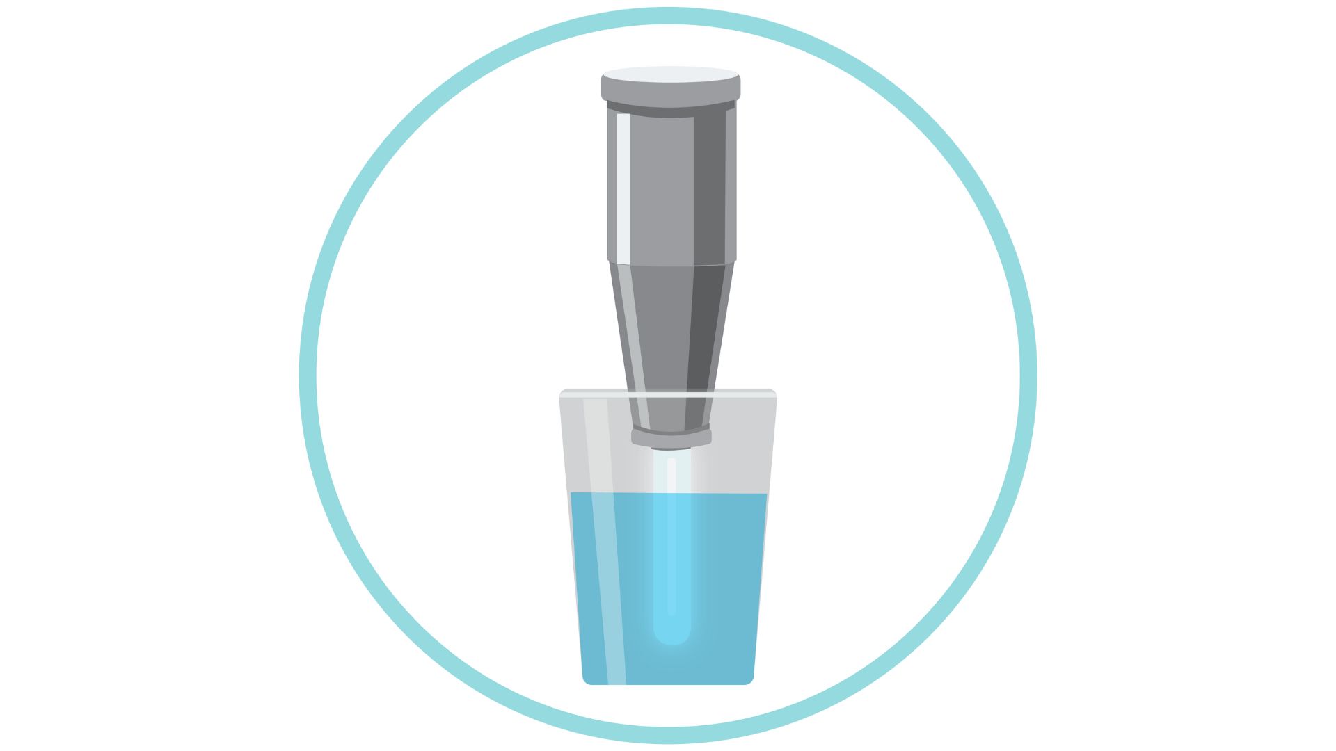 Illustration of the wand of a portable UV light unit in a glass of clear water