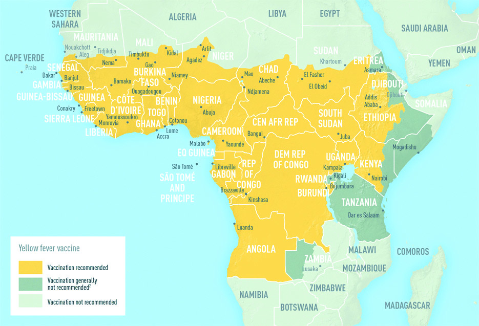 Map: Africa showing areas at risk for Yellow Fever Transmision