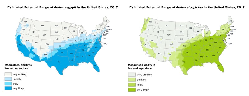 Zika_maps_StateNames_graphic.jpg Two maps of the United States showing Aedes aegypti and Aedes albopictus mosquitoes are or have been previously found. Aedes aegypti range is the southern half of the United States. Aedes albopictus range is the eastern half of the United States as well as the southwest.