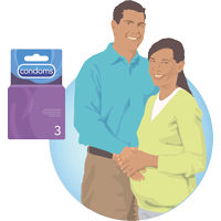 pregnant-couple-condom-box-blue.png a pregnant couple pictured next to a condom box