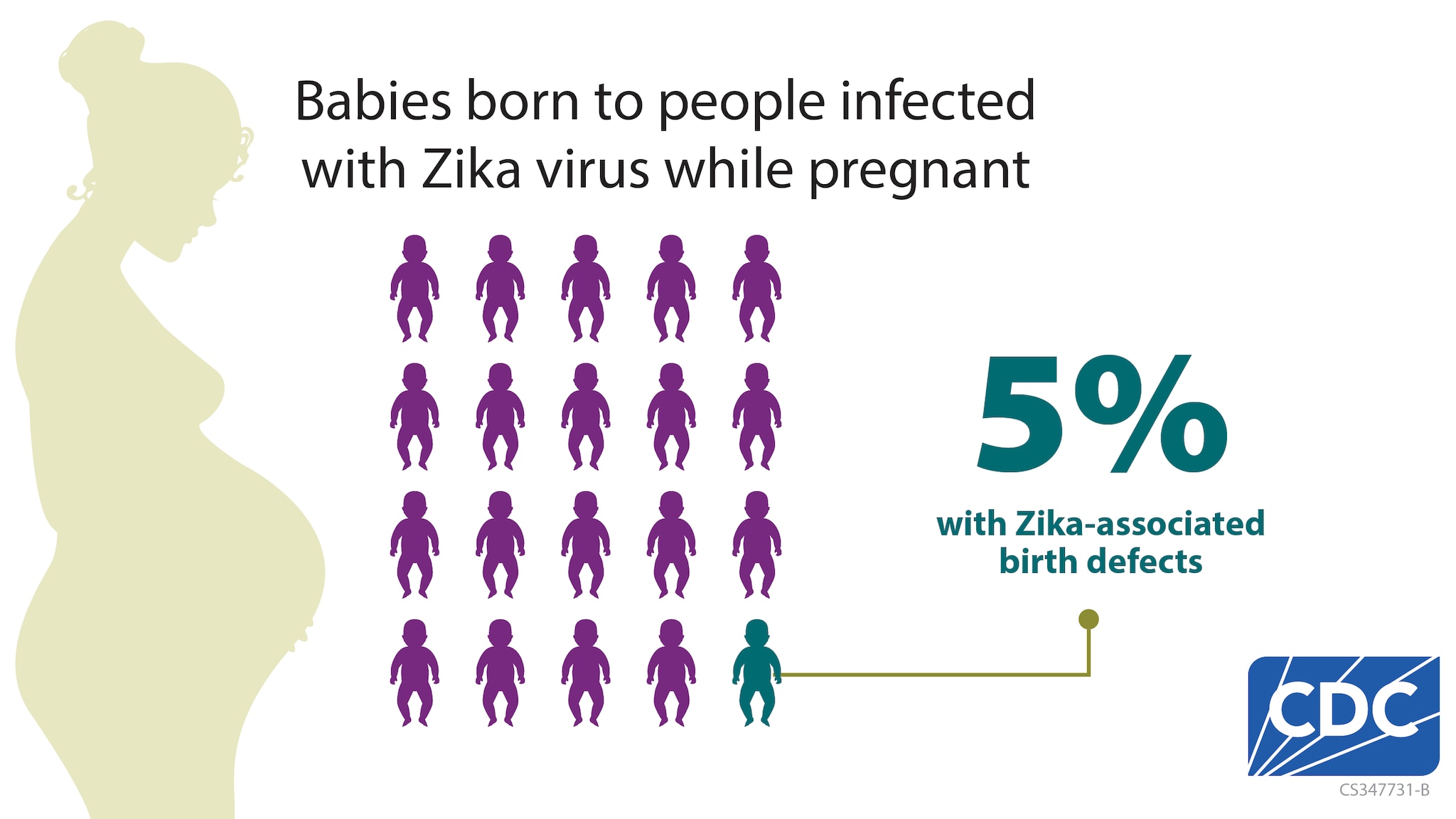 Zika-associated birth defects occurred in about 5% of babies born to people with Zika while pregnant.